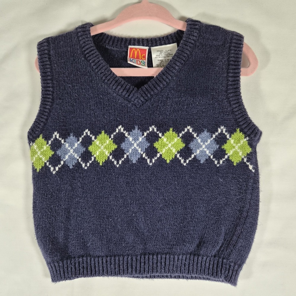 Vintage 90s McDonald's Kids Navy Blue Argyle Sweater Vest 12 Months